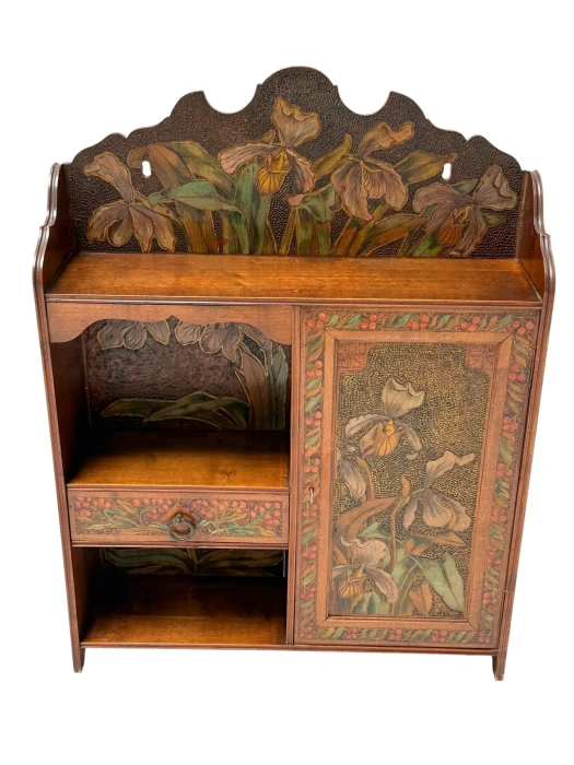 Aesthetic Movement Wall Cabinet, Hand-Painted Floral, Walnut, 1890s